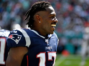 Antonio Brown looks on while playing with the Patriots in a game against the Dolphins at Hard Rock Stadium in Miami Gardens, Fla., on Sept. 15, 2019.