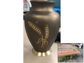 The urn, adorned with two golden wheat stalks, was located by a passerby on Jan. 11 near the Nanaimo Yacht Club at 400 Newcastle Island.