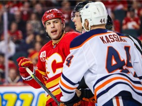Jan 11, 2020; Calgary, Alberta, CAN; Calgary Flames left wing Milan Lucic (17) and Edmonton Oilers right wing Zack Kassian (44) exchanges words during the third period at Scotiabank Saddledome. Calgary Flames won 4-3. Mandatory Credit: Sergei Belski-USA TODAY Sports