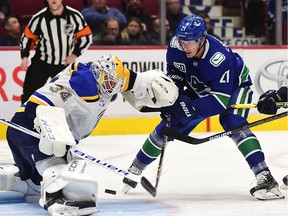 Vancouver Canucks forward Loui Eriksson (21) shoots the puck against St. Louis Blues goaltender Jake Allen (34) during the first period at Rogers Arena.