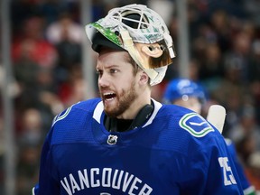 VANCOUVER, BC - OCTOBER 12: Jacob Markstrom #25 of the Vancouver Canucks looks on from his crease during their NHL game against the Winnipeg Jets at Rogers Arena October 12, 2017 in Vancouver, British Columbia, Canada.