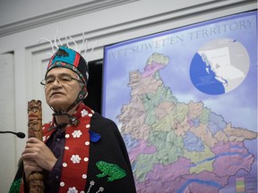 Wet'suwet'en Hereditary Chief Namoks (John Ridsdale) speaks as Indigenous nations and supporters gather to show support for the Wet'suwet'en Nation before marching together in solidarity, in Smithers, B.C., on Wednesday January 16, 2019.