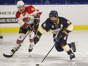 UBC blueliner Mikayla Ogrodniczuk breaks with the puck out of her own zone during a Canada West game earlier this season at Doug Mitchell Arena.