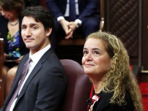 Prime Minister Justin Trudeau and Governor General Julie Payette wait to deliver the throne speech in December.