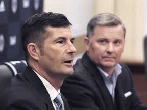 Mark Pannes (left) with co-owner Jeff Mallett speak to media when he was announced as the new CEO of the Vancouver Whitecaps in January.