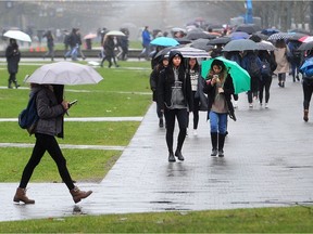 Students in the rain between classes at UBC in 2018. This year, life for post-secondary students comes with a new set of challenges thanks to the COVID-19 pandemic.