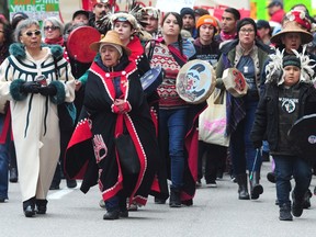 Georgia St. blocked during an Indigenous led march to Victory Square in support of the Wet'suwet'en, who set up a checkpoint and camp in opposition to the TransCanada Coastal GasLink pipeline last year.