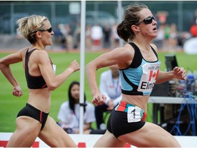 Canadian Malindi Elmore, right, edges out Canadian Milary Stellingwerff to win the women's 1,500-metres in a time of 4:07.86 at the 2011 Vancouver Sun Harry Jerome International Track Classic at Swangard Stadium in Burnaby on July 1.