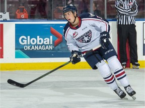 Kaden Kohle of the Tri-City Americans warms up on the ice against the Kelowna Rockets at Prospera Place on Oct. 2, 2019 in Kelowna. Kohle was traded to the Vancouver Giants on Sunday, Jan. 5, 2020 for John Little and a seventh round draft pick. Photo: Marissa Baecker