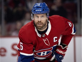 Canadiens captain Shea Weber gets ready for face-off during NHL game against the Detroit Red Wings at the Bell Centre in Montreal on Dec. 14, 2019.