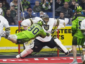 Saskatchewan Rush forward Ben McIntosh shoots the ball at Vancouver Warriors goalie Eric Penney at the SaskTel Centre in Saskatoon on March 30, 2019.