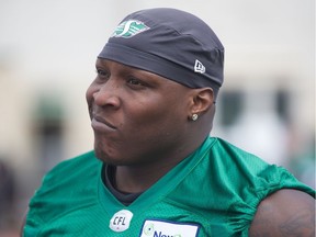 Saskatchewan Roughriders defensive lineman Micah Johnson speaks to reporters after practice at Griffiths Stadium in Saskatoon on May 23, 2019.