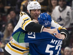 VANCOUVER, BC - FEBRUARY 22: Zdeno Chara #33 of the Boston Bruins and Tyler Myers #57 of the Vancouver Canucks get tangled up at centre ice during NHL action at Rogers Arena on February 22, 2020 in Vancouver, Canada.
