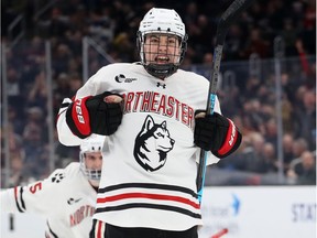 Aidan McDonough #25 of the Northeastern Huskies celebrates after scoring a goal during the second period of the 2020 Beanpot Tournament Championship game between the Northeastern Huskies and the Boston University Terriers at TD Garden on February 10, 2020 in Boston, Massachusetts.