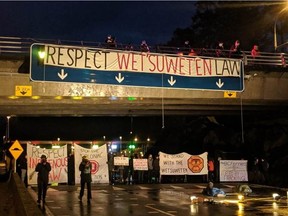 Demonstrators set up a blockade near the Swartz Bay B.C. Ferries terminal on Jan. 20 in support of Wet'suwet'en hereditary leaders fighting the Coastal GasLink pipeline.