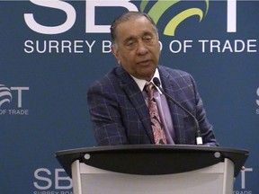 Wally Oppal appears at February 26, 2020 Surrey Board of Trade meeting on the transition from RCMP to local policing.