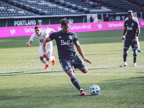 Lucas Cavallini scores his fourth goal in four games on a 64th minute penalty kick against Minnesota United, tying the score in Saturday's 2-1 Vancouver Whitecaps victory at the Rose City Invitational in Portland.