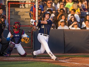 Jaxon Valcke takes a cut for the University of B.C. Thunderbirds against Tokyo University during exhibition action at Nat Bailey Stadium last fall.