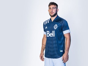 Lucas Cavallini models the Vancouver Whitecaps' new 'Wave' jersey.