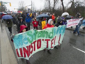 About 100 people march along Grandview Highway a week ago in support of Wet'suwet'en protesters in north-central B.C.