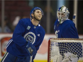 Vancouver Canucks' Guillaume Brisebois at a team practice in March 2019. He's likely to be called up from Utica after an injury to Oscar Fantenberg.
