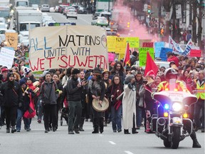 Georgia Street in Vancouver is blocked during an Indigenous-led march to Victory Square in support of the Wet'suwet'en, who have set up of a checkpoint and camp in opposition to the Coastal GasLink pipeline project.
