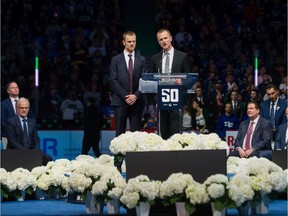 Henrik and Daniel Sedin have their jerseys retired before the Vancouver Canucks play the Chicago Blackhawks in NHL league play at Rogers Arena in Vancouver, BC, February 12, 2020. (Arlen Redekop / PNG staff photo) (story by reporter) [PNG Merlin Archive]