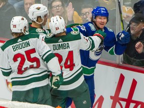 Canucks winger Tyler Toffoli mixes it up with the Minnesota Wild on Feb. 19 at Rogers Arena.