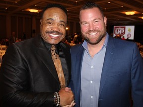 Former Blue Jays great Jesse Barfield (left) and ex-Canadians manager John Schneider, now a coach with the Blue Jays, at last week's Hot Stove Luncheon fundraiser.