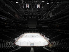 Sam Hess, operations with Monumental Sports & Entertainment, skates alone before the Detroit Red Wings were scheduled to play the Washington Capitals at Capital One Arena on March 12, 2020. Today the NHL announced it has suspended the season due to the coronavirus.