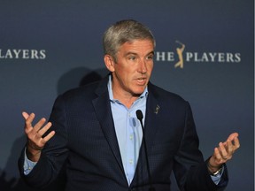 Jay Monahan, the PGA Tour Commissioner, addresses the media Friday regarding the cancellation of The PLAYERS Championship and three consecutive events because of the COVID-19 pandemic as seen at TPC Sawgrass on March 13, 2020 in Ponte Vedra Beach, Fla.