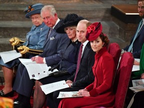 Queen Elizabeth, Prince Charles, Camilla, Duchess of Cornwall, Prince Harry and Meghan, Duchess of Sussex, and Prince William and Catherine, Duchess of Cambridge attend the annual Commonwealth Service at Westminster Abbey in London, Britain March 9, 2020. Phil Harris/Pool via REUTERS