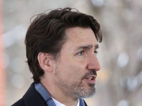 In this file photo taken on March 24, 2020, Canadian Prime Minister Justin Trudeau speaks during a news conference on COVID-19 situation in Canada from his residence in Ottawa, Canada.