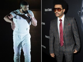 Rapper Drake (left) and The Weeknd are seen in file photos.