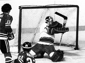 Former Vancouver Canucks' netminder Curt Ridley plays against the Chicago Blackhawks in Vancouver on March 3, 1978.
