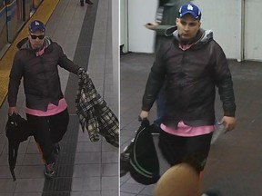 Transit cops are working to identify a man in a pink shirt who allegedly assaulted an elderly SkyTrain passenger on anti-bullying day.