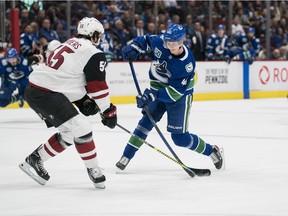 Vancouver Canucks centre Elias Pettersson lets go a shot against the Arizona Coyotes during a March 4, 2020 NHL game at Rogers Arena.