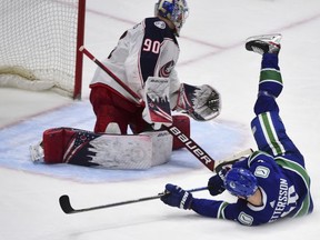 Elias Pettersson scores against Columbus Blue Jackets goaltender Elvis Merzlikins during the third period at Rogers Arena.