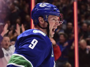 Vancouver Canucks forward J.T. Miller (9) celebrates after scoring a goal against the Colorado Avalanche during the first period at Rogers Arena.