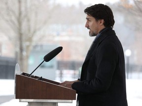 Prime Minister Justin Trudeau speaks during a news conference on the COVID-19 situation in Canada from his residence in Ottawa,