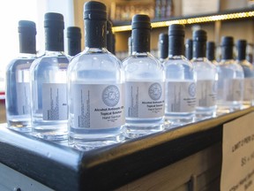 Stratford, Ontario's Junction 56 Distillery began making antiseptic hand sanitizer (pictured) last week to combat COVID-19. Beginning this week, B.C. distilleries will also be allowed to start making hand sanitizer, to help in the fight against COVID-19.