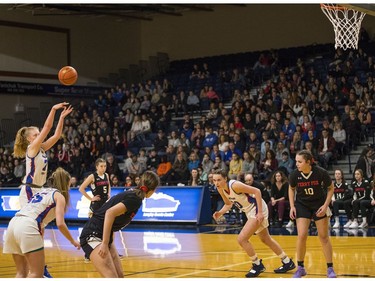 Semiahmoo Totem # 7 Tara Wallack has the ball at the B.C. high school basketball provincials at the Langley Events Centre, Feb. 29,  2020. Photo credit: Francis Georgian / Postmedia