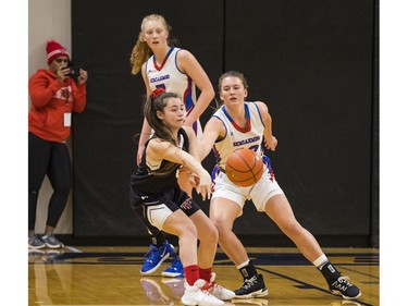 Terry Fox Raven #8 Hannah Rao has the ball at the B.C. high school basketball provincials at the Langley Events Centre, Feb. 29, 2020. Photo credit: Francis Georgian / Postmedia