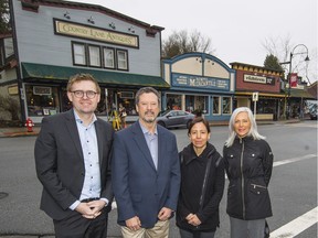 From left: Eric Woodward, chairman of the Eric Woodward Foundation; Barry Dashner, a foundation director; Tumia Knott, Kwantlen band councillor; and Brenda Knights, CEO of the Kwantlen Seyem economic development corporation, in Downtown Fort Langley on Wednesday.