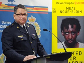 SURREY, B.C.: March 10, 2020 – Insp. Cliff Chastellaine with Surrey RCMP Major Crimes Unit announces the $50,000 reward for information leading to the capture of Maez Nour-Eldin, in Surrey, BC., March 10, 2020. Nour-Eldin is wanted on a Canada Wide warrant for kidnapping.