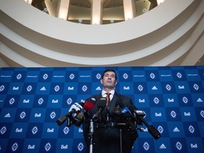 Vancouver Whitecaps CEO Mark Pannes speaks during a news conference after Major League Soccer announced the suspension of the season due to concerns about the coronavirus, in Vancouver on Thursday.