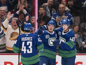 Best night of the season: Young guns Quinn Hughes, captain Bo Horvat and Elias Pettersson — plus a packed Rogers Arena — revel in a 9-3 win over the hated Boston Bruins on Feb. 22.