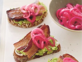 Crisp bacon and tangy pickled onions turn avocado toasts into sophisticated tartines. Photo: Alexandra Grablewski