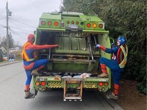 Sanitation workers Brad Sandquist (Spider-Man) and Brian White (Captain America) have been entertaining kids along their route since the COVID-19 pandemic began.