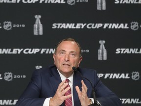 NHL Commissioner Gary Bettman, shown here at the 2019 Stanley Cup Final, says nothing has been ruled "in" or "out" when it comes to hockey being played this summer.